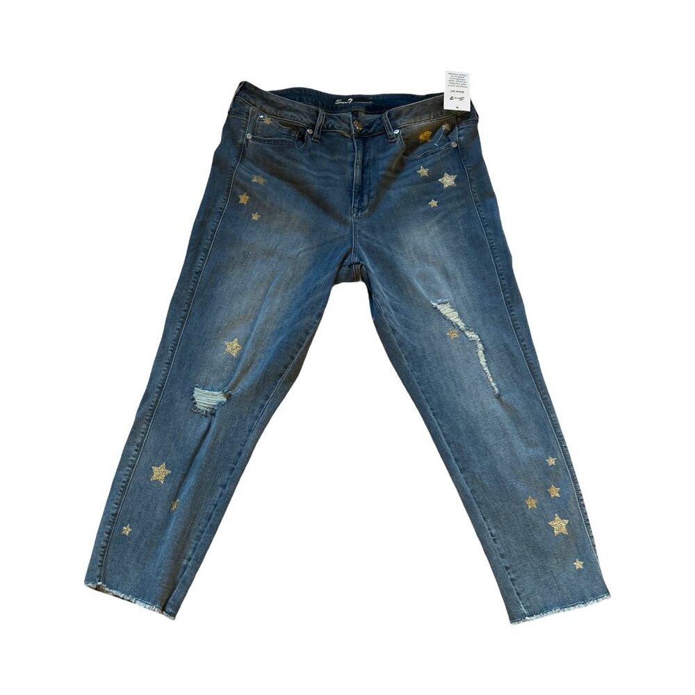 Seven7 Womens Plus Size 18W Star Print Cropped Skinny Jeans Distressed Blue
